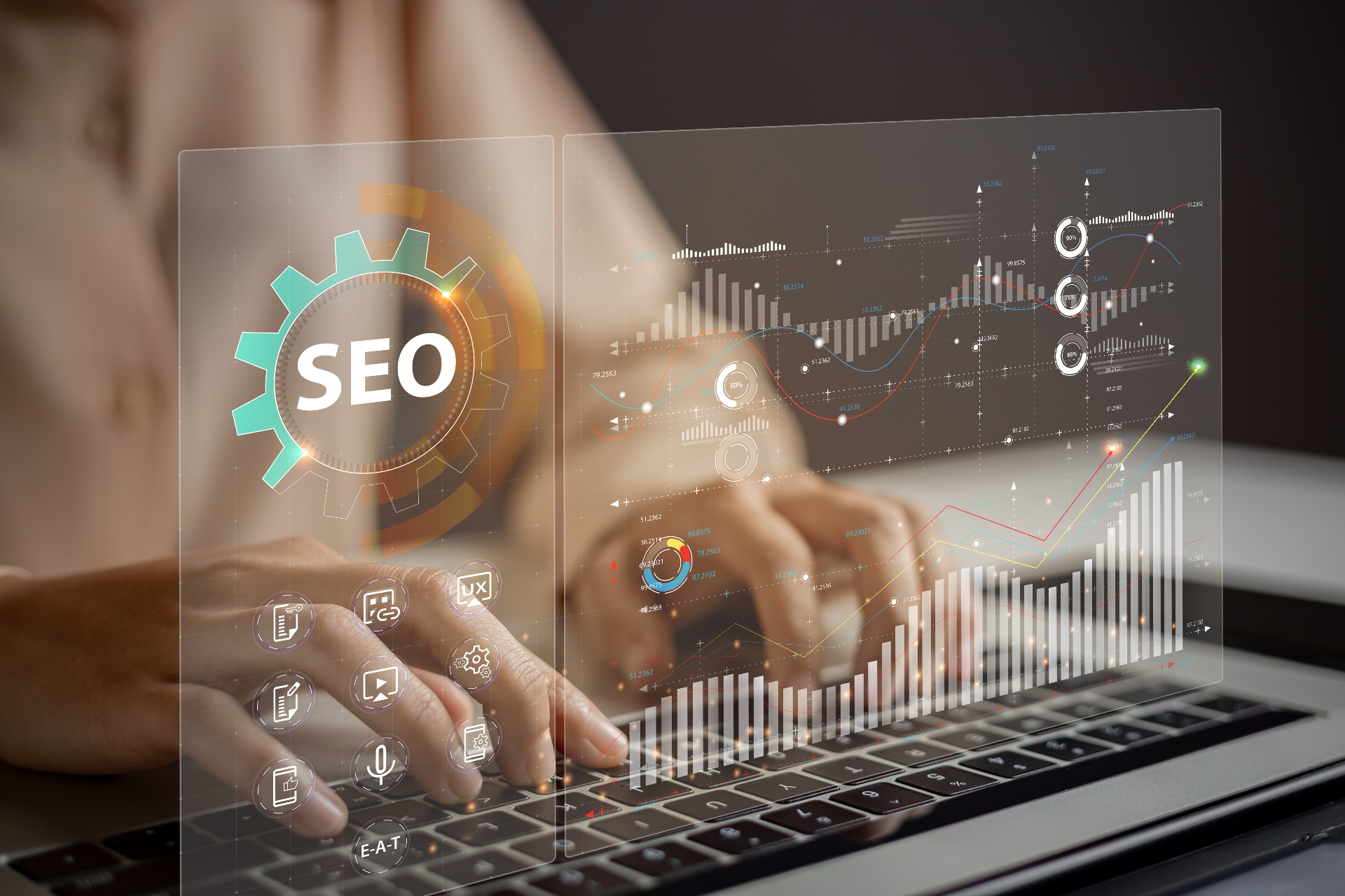 Panel SEO con analítica, optimización y crecimiento de posicionamiento orgánico