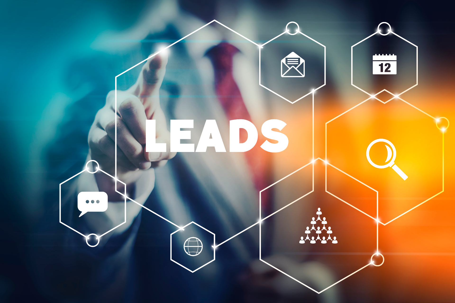Visual de lead generation con nodos, iconos de captación y búsqueda de oportunidades