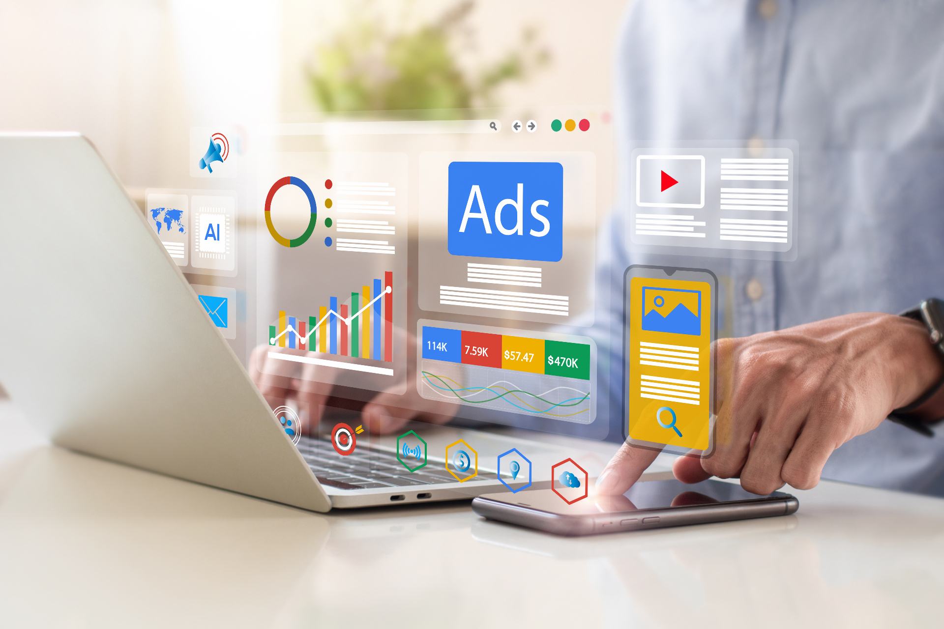 Dashboard de campañas Ads multicanal con métricas de rendimiento y conversión